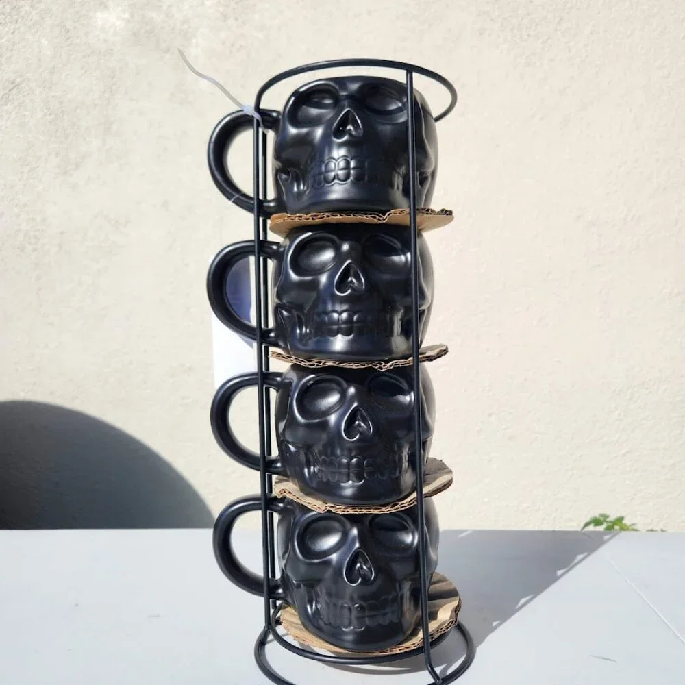 NEW Skull Mug Set of 4 Stackable Mugs Dia De Los Muertos Skulls Halloween Stonew